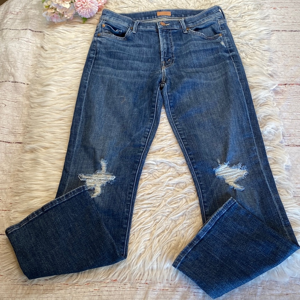 MOTHER Blue Distressed Ankle Jeans